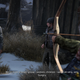 David, held at bow-and-arrow-point by Ellie, says "We're from a larger group--women, children--we're all very, very hungry" in a moment from the game The Last of Us.